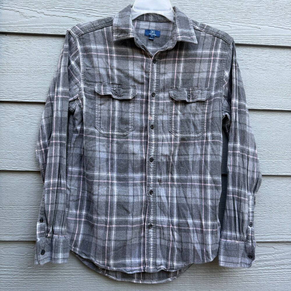 George M Plaid Flannel Men Gray Cotton Blend Casual Soft Button Up Shirt